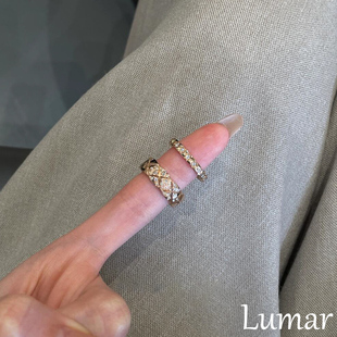 S925银中古镶钻菱格宽戒指女轻奢高级感小香风食指戒小众设计尾戒