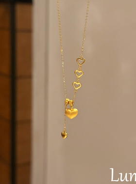 复古金色拉丝镂空爱心流苏项链女