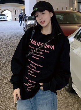 INFORMER秋冬国潮美式复古印花长袖重磅纯棉宽松情侣男女T恤卫衣