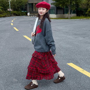 2025韩版秋冬新款童装女童女大童亲子格子花边拼接半身裙长裙套装