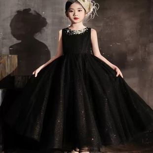 儿童黑色礼服高端无袖简约洋气晚礼服主持走秀歌唱钢琴演出公主裙