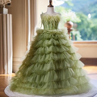 2025新款女童华丽公主裙绿色主持人礼服儿童走秀钢琴演奏演出服装