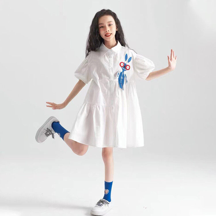 2022夏装儿童纯棉衬衣裙卡通短袖连衣裙中大女童韩版洋气潮妞长裙 - 实物图