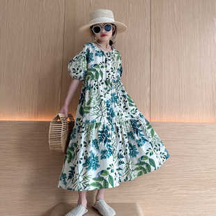 2024夏季新童装女童海边度假风绿色印花连衣裙复古时尚泡泡袖长裙