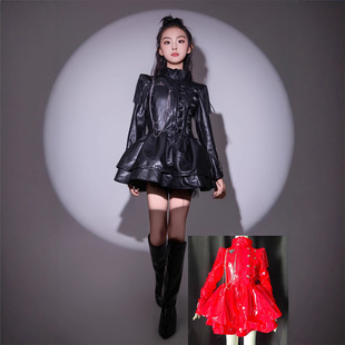 25黑与红女童黑色红色皮连衣裙骑士军阀风T台双人时尚秀场走秀服