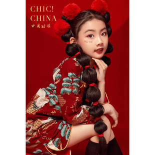 2022秋冬新款 国风气质女童礼服小旗袍走秀演出红色立领儿童连衣裙