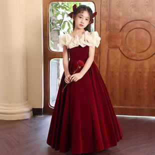 儿童礼服复古红色长裙花童婚礼小女孩公主裙女童高端钢琴演奏演出