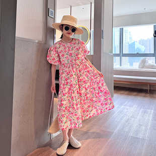 2024夏季女童法式田园风碎花连衣裙少女甜美飞袖公主裙亲子长裙子