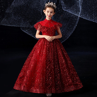 2026春季新款女童礼服红色中式小拖尾公主裙儿童洋气走秀晚礼服裙