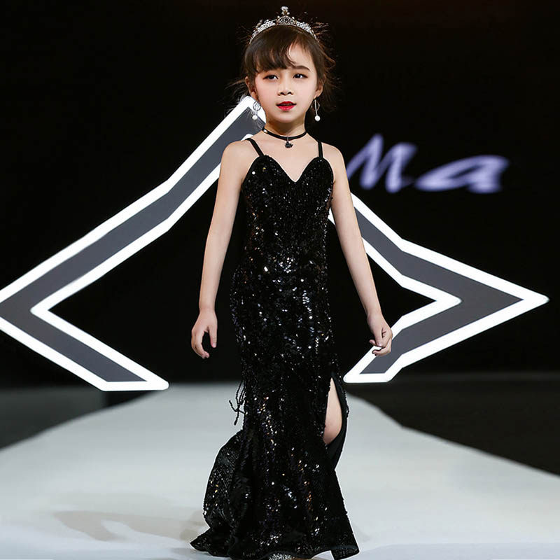 2024新款儿童礼服模特服装走秀女童黑色鱼尾裙小提琴时尚演出服潮