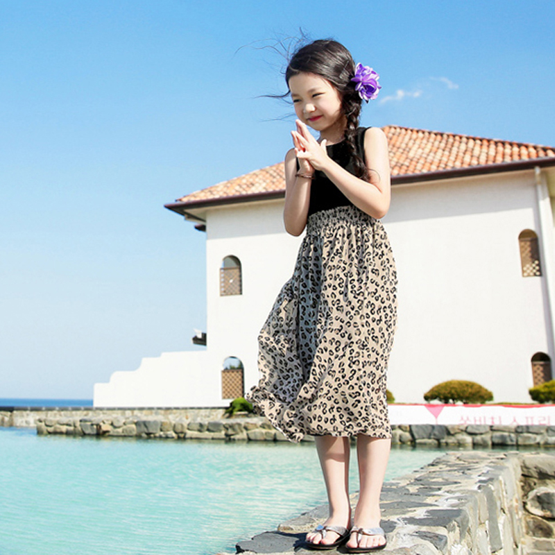 韩国童装女童夏季豹纹拼接背心连衣裙潮儿童气质亲子沙滩公主长裙