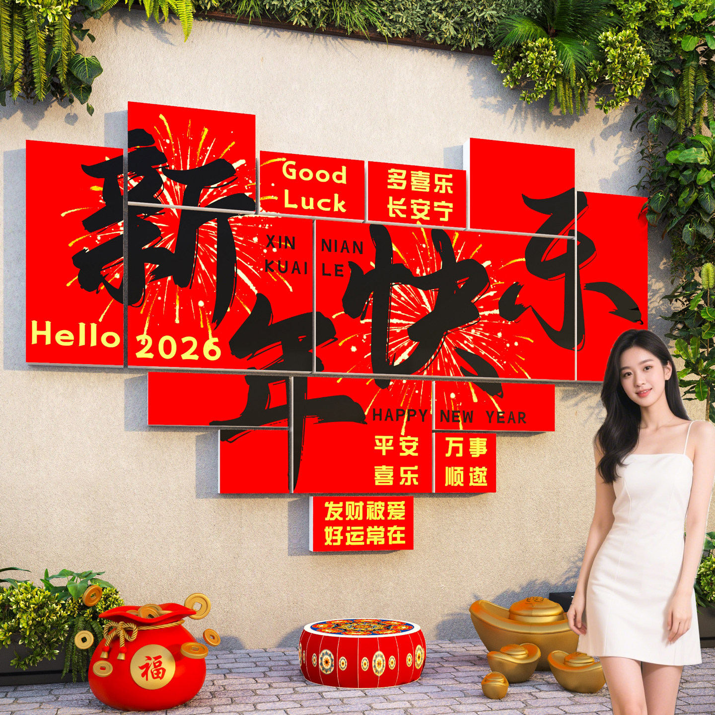 新年快乐网红打卡背景墙贴2026过马年春节拍照区氛围布置户外小院,家居饰品,软装墙贴,淘宝优惠券,粉丝福利购,淘宝优惠卷