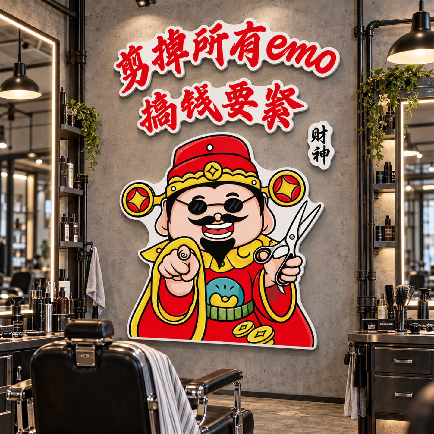 网红打卡理发店墙面装饰高级感美发店海报布置发财神形象背景墙贴