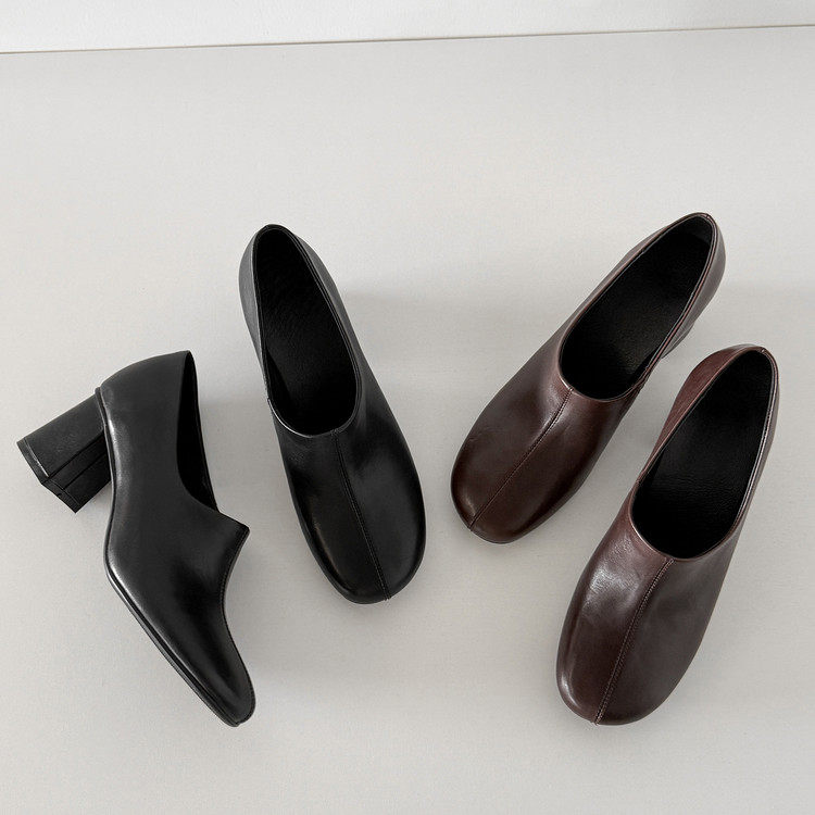 圆头粗跟橡胶胶粘工艺头层猪皮深口单鞋,女鞋,深口单鞋,淘宝优惠券,粉丝福利购,淘宝优惠卷