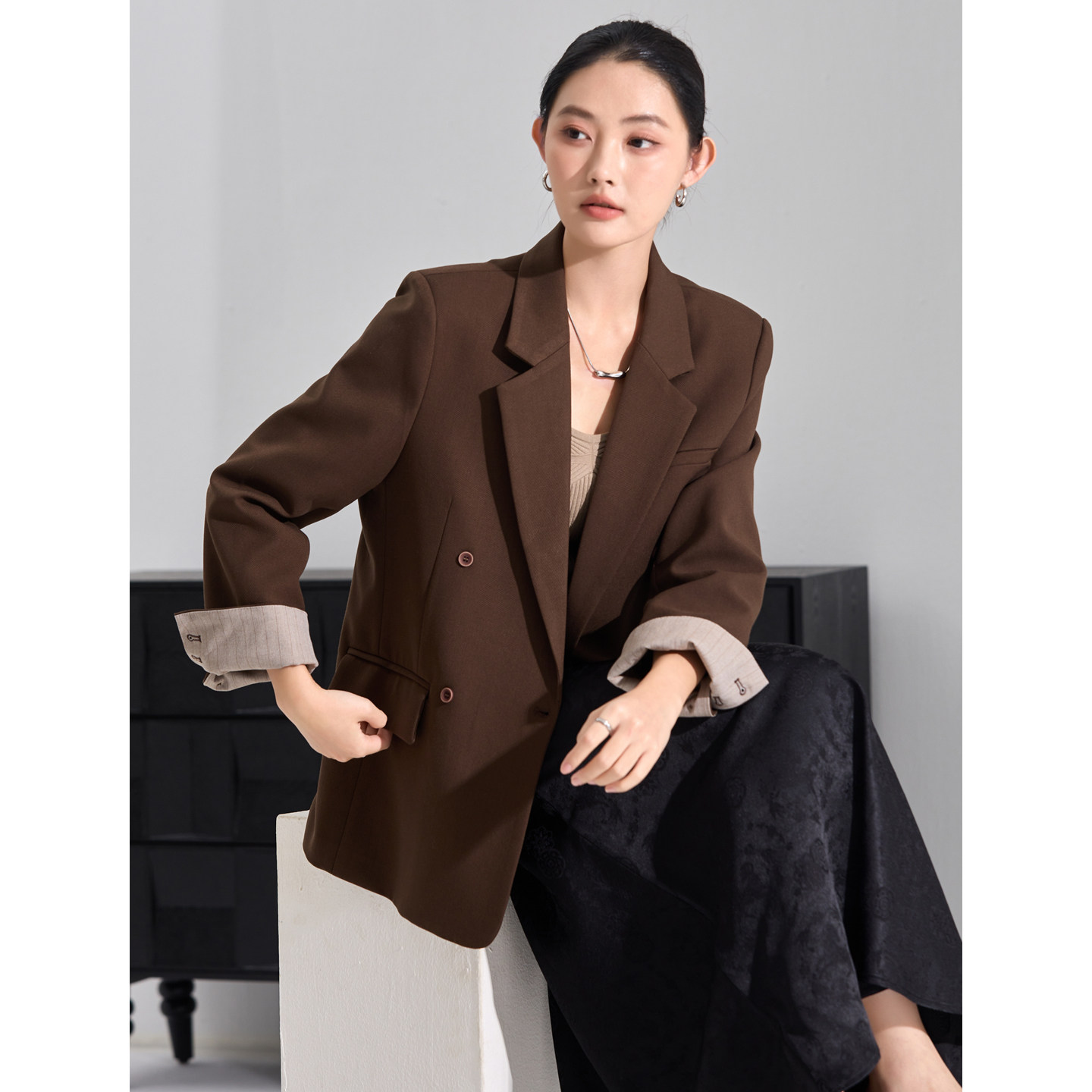 法拉双排扣西装女通勤宽松外套图片