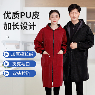 新款升级罩衣pu加绒加长大褂干活菜场防水工作服外套厨房有袖围裙