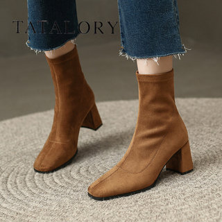 TATA LORY女鞋新款法式粗跟弹力短靴方头复古真皮绒面时装女靴子