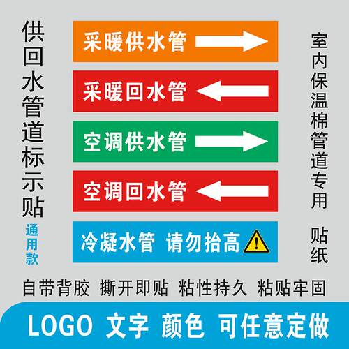 中央空调采暖冷热供回水管不干胶标签排水管道路请勿移动背胶贴纸