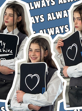 Mazzzzy韩国代购 爱心刺绣电脑包ipad平板保护包黑白平板电脑ins