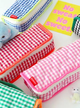 Afrocat韩国代购 少女心格子棉布笔袋大容量手提拉链文具收纳包