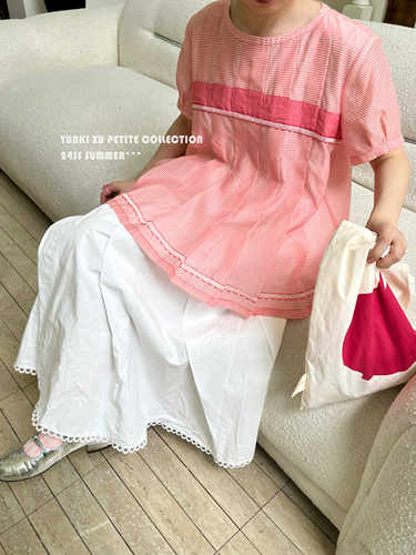 「PETITE线」YUNKIXU原创压褶蕾丝多巴胺粉色格纹短袖日杂感衬衫