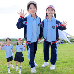 秋季新款儿童校服班服套装运动裤浅蓝拼接红白条纹松紧腰舒适百搭