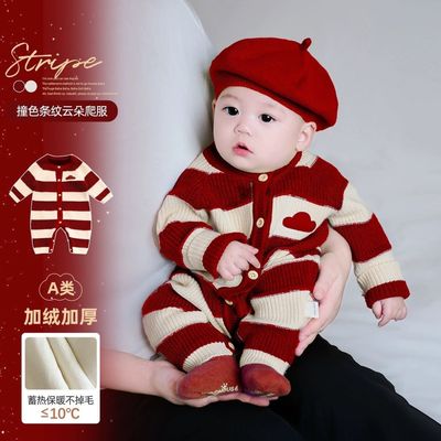 宝宝秋冬衣服过年喜庆婴幼儿针织连体衣加绒保暖冬装婴童哈衣爬服