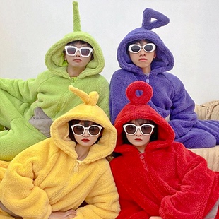 珊瑚绒连体圣诞元 可爱搞怪家居服加厚长袖 旦 大码 天线宝宝睡衣冬款