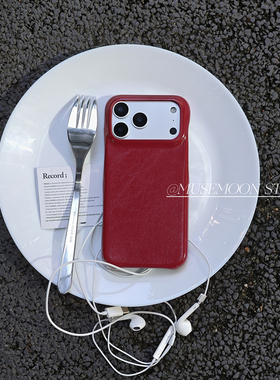 MUSEMOON｜复古安可拉酒红色小众ins油蜡质感皮纹高级感皮质手机壳适用mate80华为pura70p60苹果17promax1615