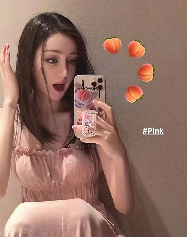 明星迪丽热巴同款韩ins风水蜜桃插画推拉支架iphone14ProMax手机壳透明软壳清新少女保护套苹果13/12适用11软