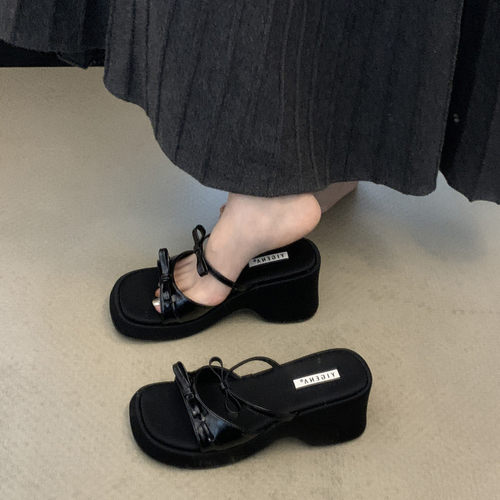 漂亮韩国厚底小个子增高拖鞋女夏外穿时尚简约百搭仙女风坡0521d