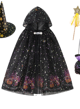 儿童万圣节黑色连帽斗篷披风儿童节日派对黑暗甜酷风橙色南瓜披风