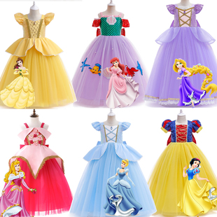六一儿童灰姑娘长发公主贝儿美人鱼公主裙蝴蝶结女童白雪公主礼服