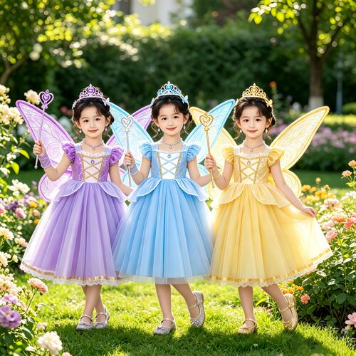 女孩新万圣节演出蓬蓬裙女童长发公主裙生日翅膀贝尔灰姑娘连衣裙