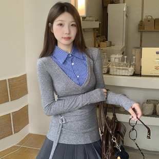 假两件上 秋季 修身 学院风polo领格子拼接长袖 打底衫