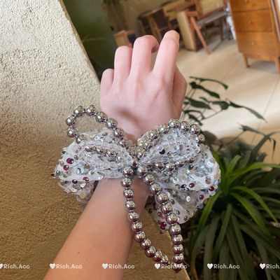 【实拍】阳光下爆闪~森系亮片串珠蝴蝶结发圈洋气小红书ins头绳新