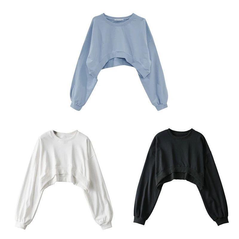 Women Long Sleeve Cropped Crop Top Hoodies Sweatshirt Causal - 实物图