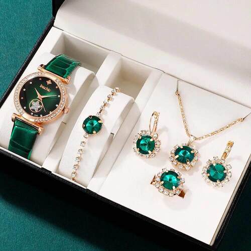 6PCS Set Green Luxury Quartz Watch Women Ring Necklace Earri