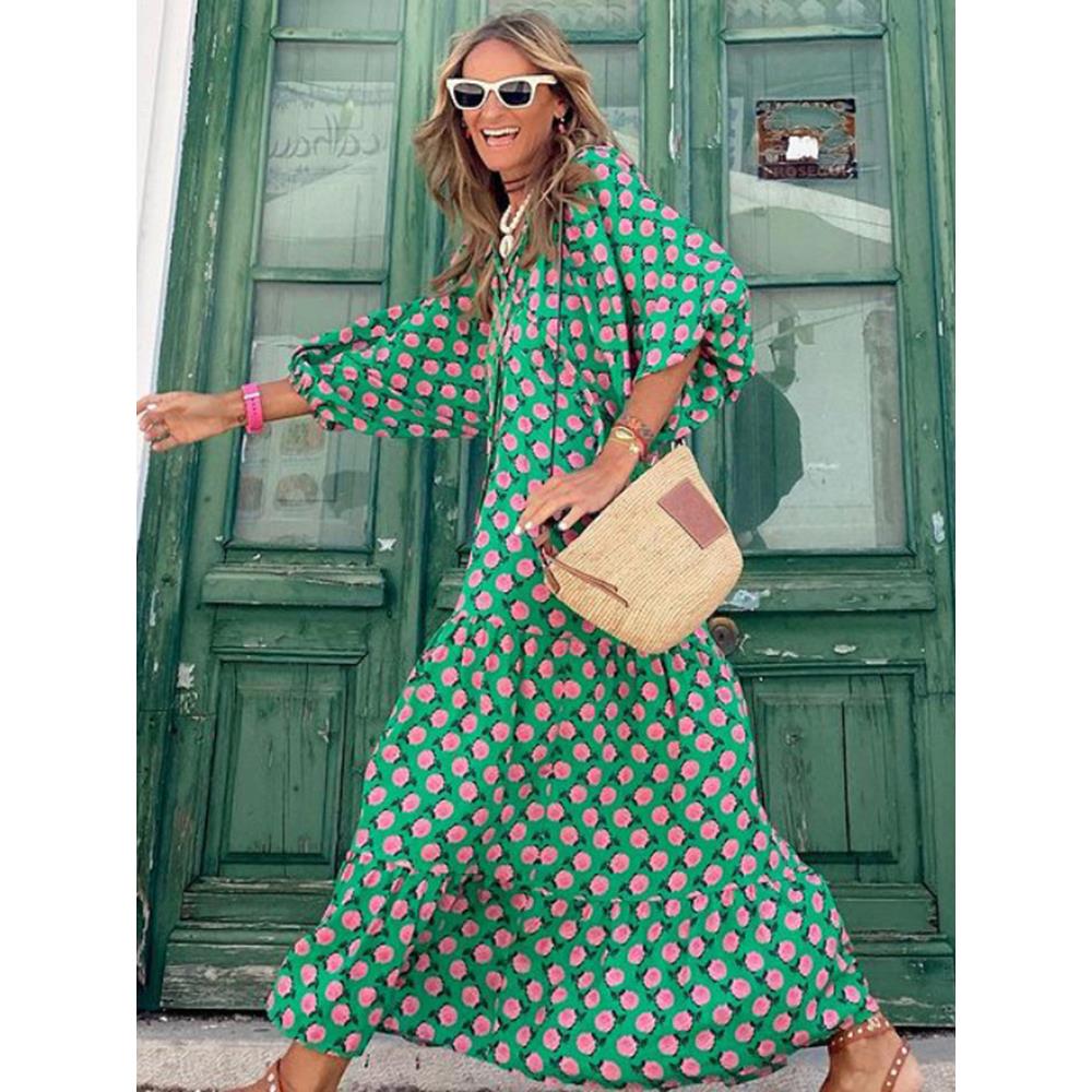 Summer Puff Sleeve Long Dress Women Loose Boho Floral Dress