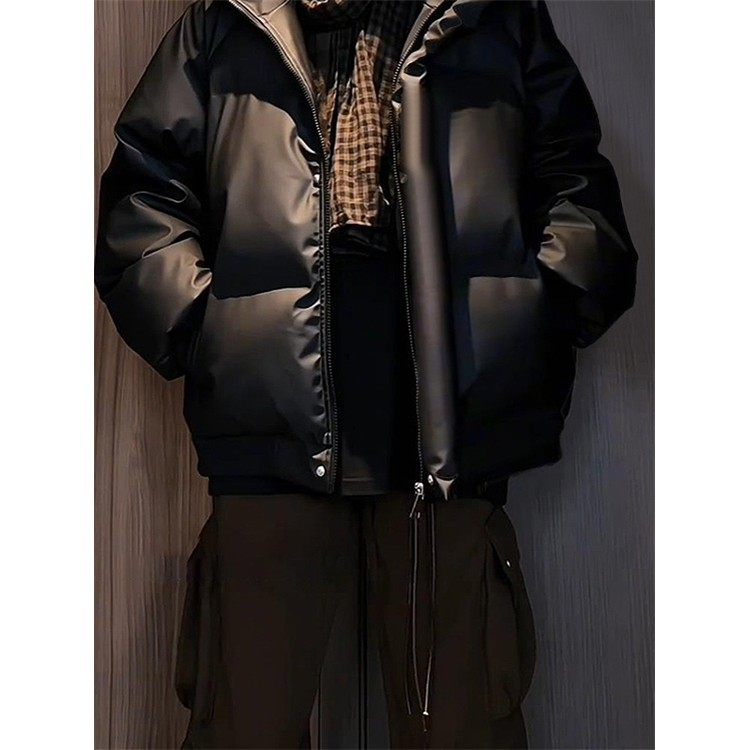 【香港·尊荣定制】短款羽绒服男款冬季廓形PU皮面包服立领外套,男装,羽绒服,淘宝优惠券,粉丝福利购,淘宝优惠卷
