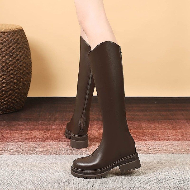 真皮~ v口棕色长靴，高跟，高弹性小靴，33号骑士靴,女鞋,骑士靴,淘宝优惠券,粉丝福利购,淘宝优惠卷