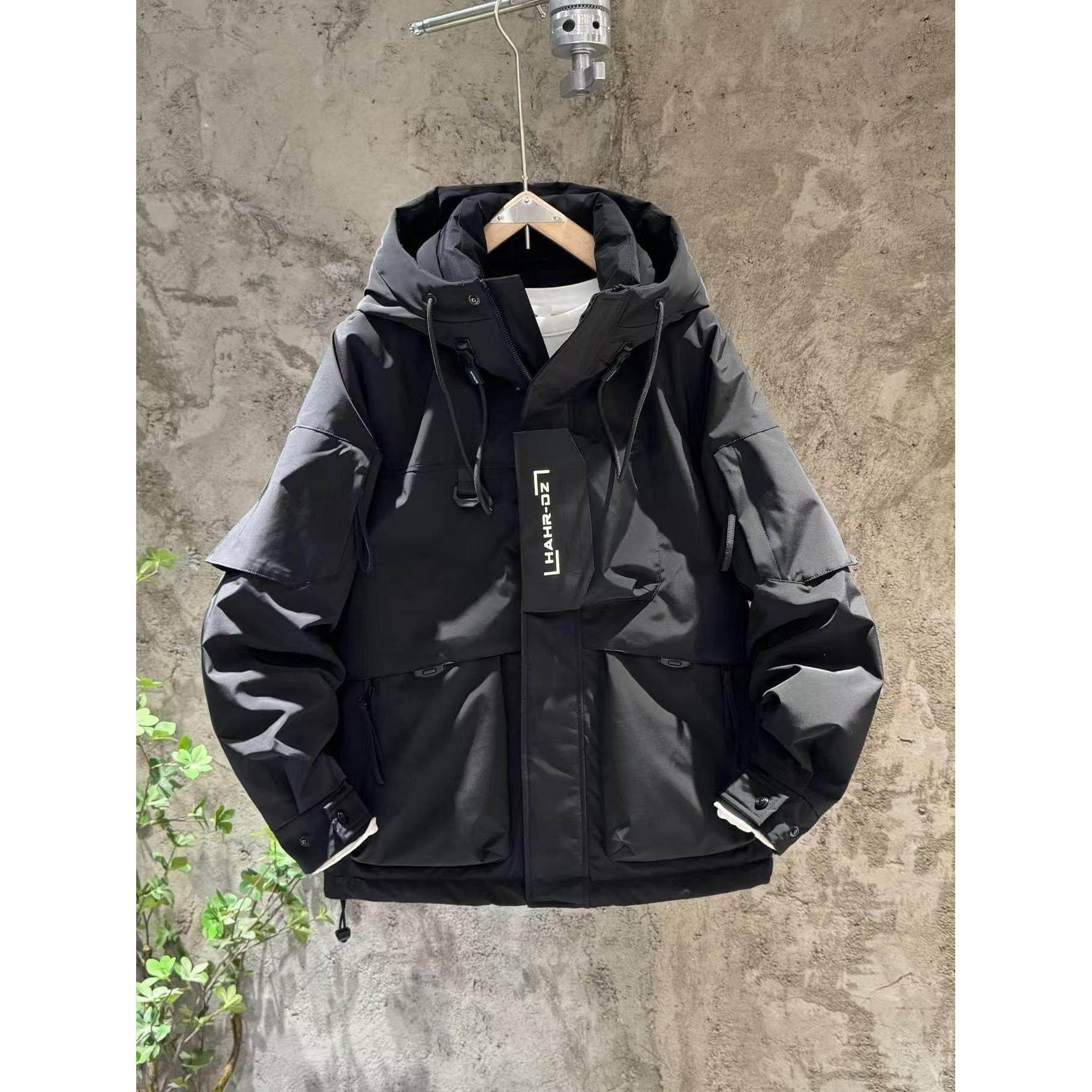 代购白鸭绒抗寒连帽羽绒服男装冬季多口袋冲锋衣短款加厚羽绒外套