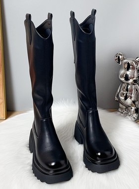 guidi fame不过膝粗跟长靴女2025秋冬新款加绒骑士靴真皮高筒靴女