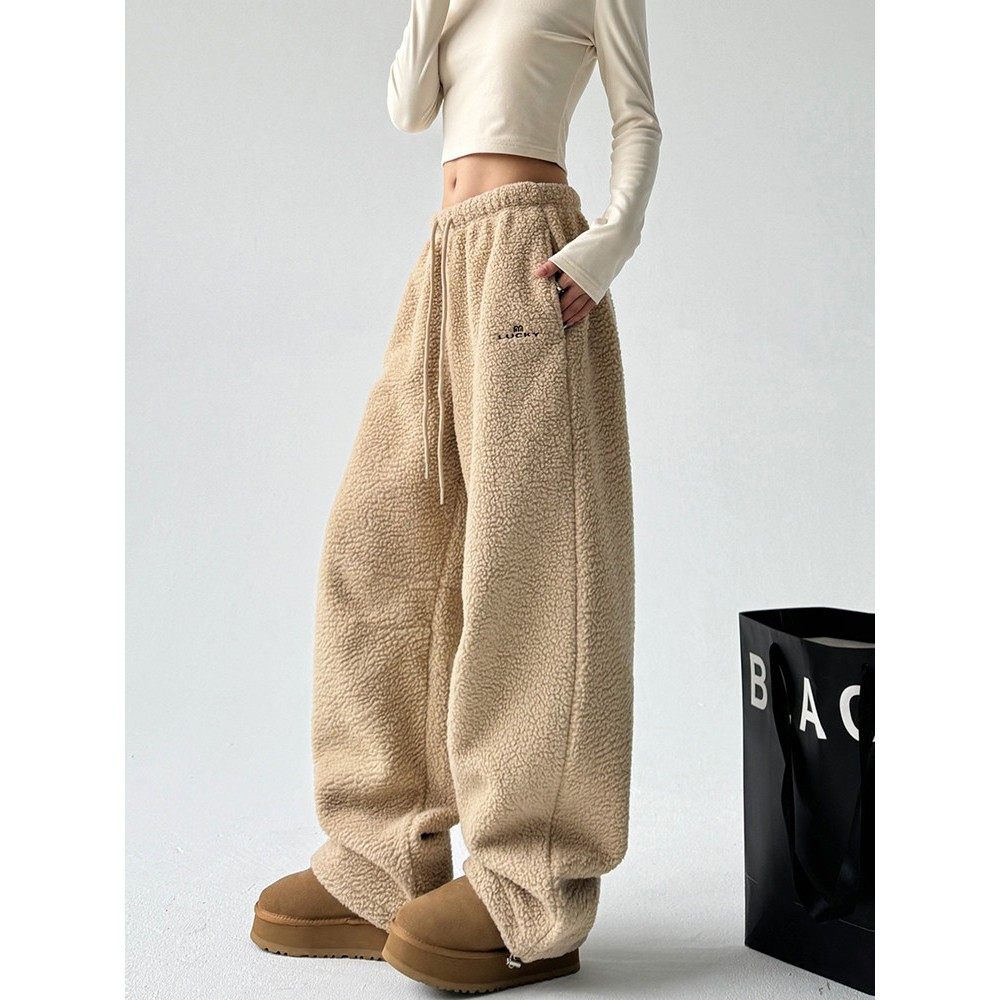 英国DGKP摇粒绒裤子女2025秋冬季新款加绒加厚宽松时尚保暖休闲裤