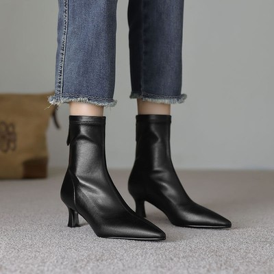 意大利Corso Venezia~法式风尖头细跟瘦瘦袜靴高跟弹力短靴单靴女