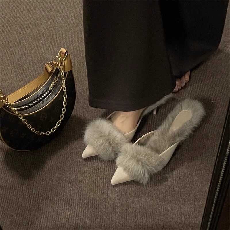 香港包头穆勒鞋女2025秋冬新款细跟毛毛拖鞋高跟鞋保暖法式小跟鞋,女鞋,毛毛鞋,淘宝优惠券,粉丝福利购,淘宝优惠卷