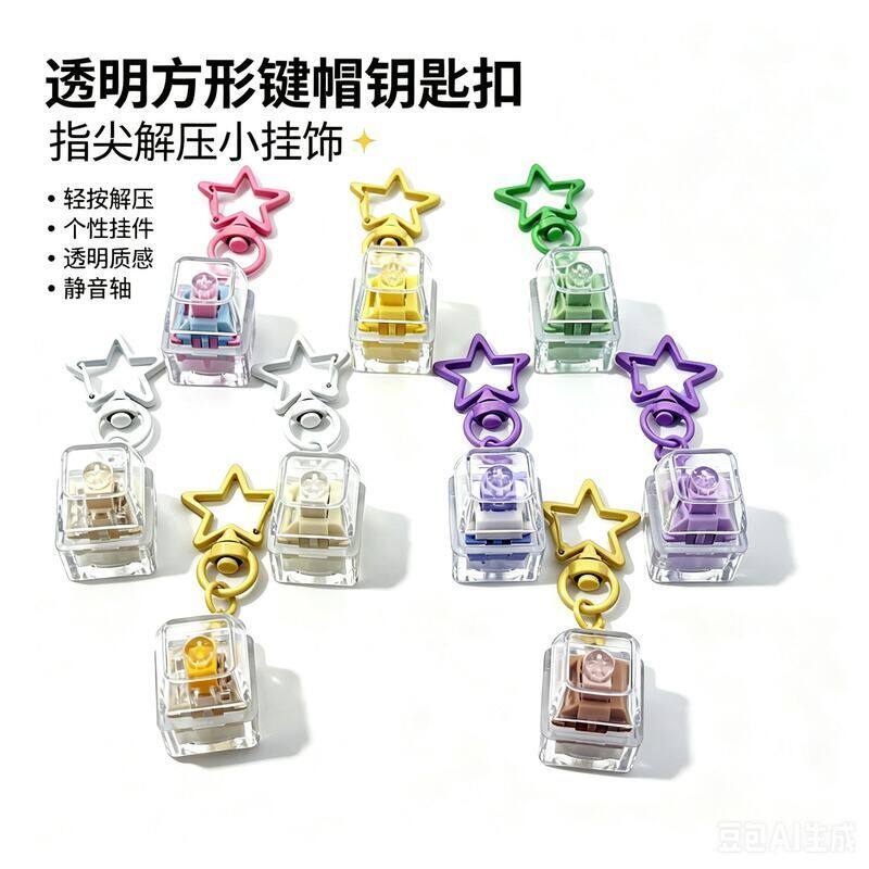 跨境高透PC帽单键减压按键试轴器机械键盘星星链钥匙扣挂件定制图片