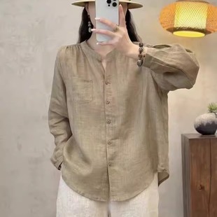 西辰出品春季新款苎麻女衬衫宽松休闲百搭薄款纯色气质简约女衬衣