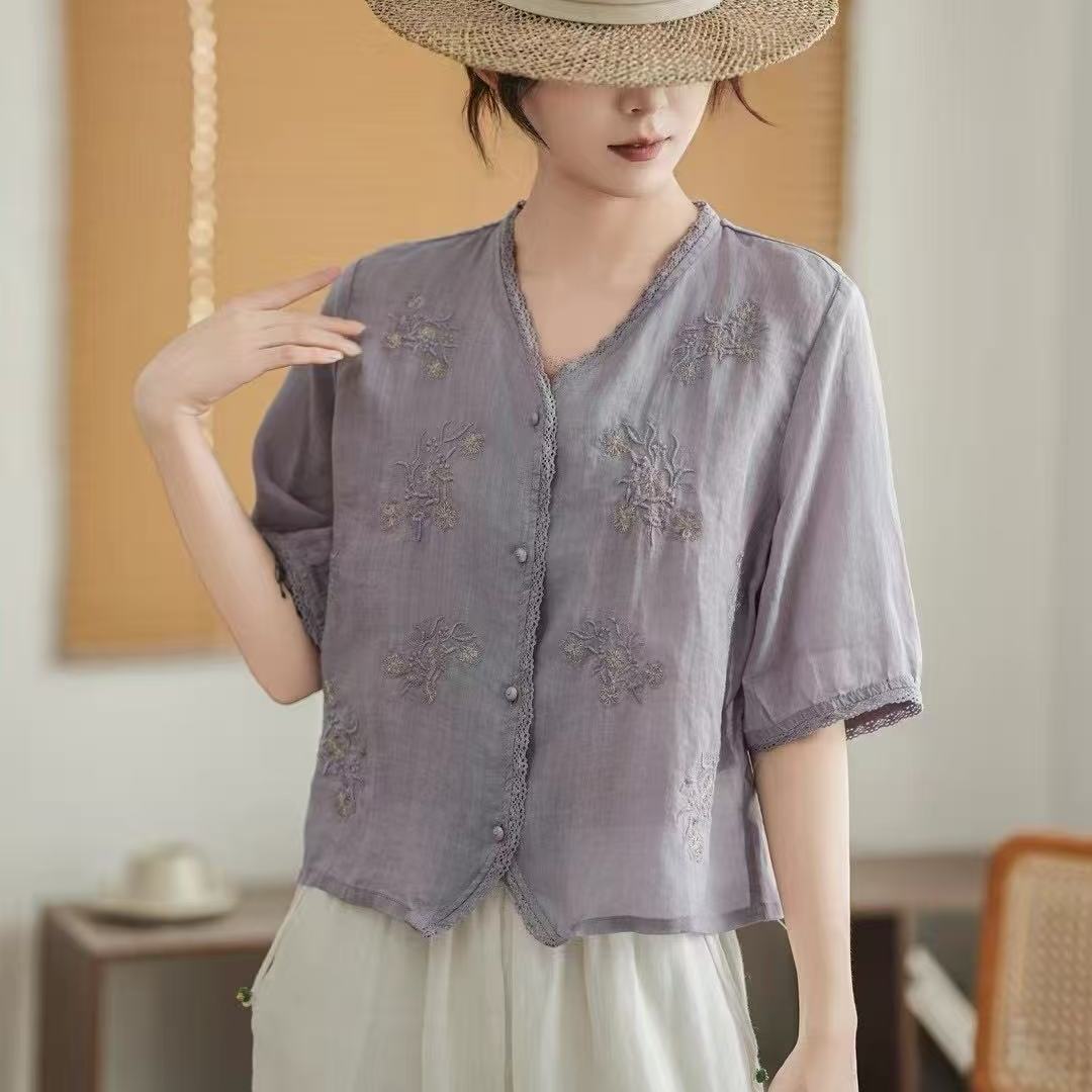 重工刺绣V领中袖短款苎麻衬衫女2025夏季新款宽松百搭气质薄上衣