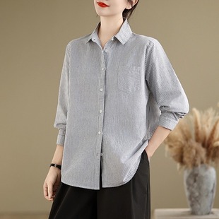 纯棉蓝色条纹衬衫女长袖小个子春季新款宽松休闲内搭叠穿打底衬衣